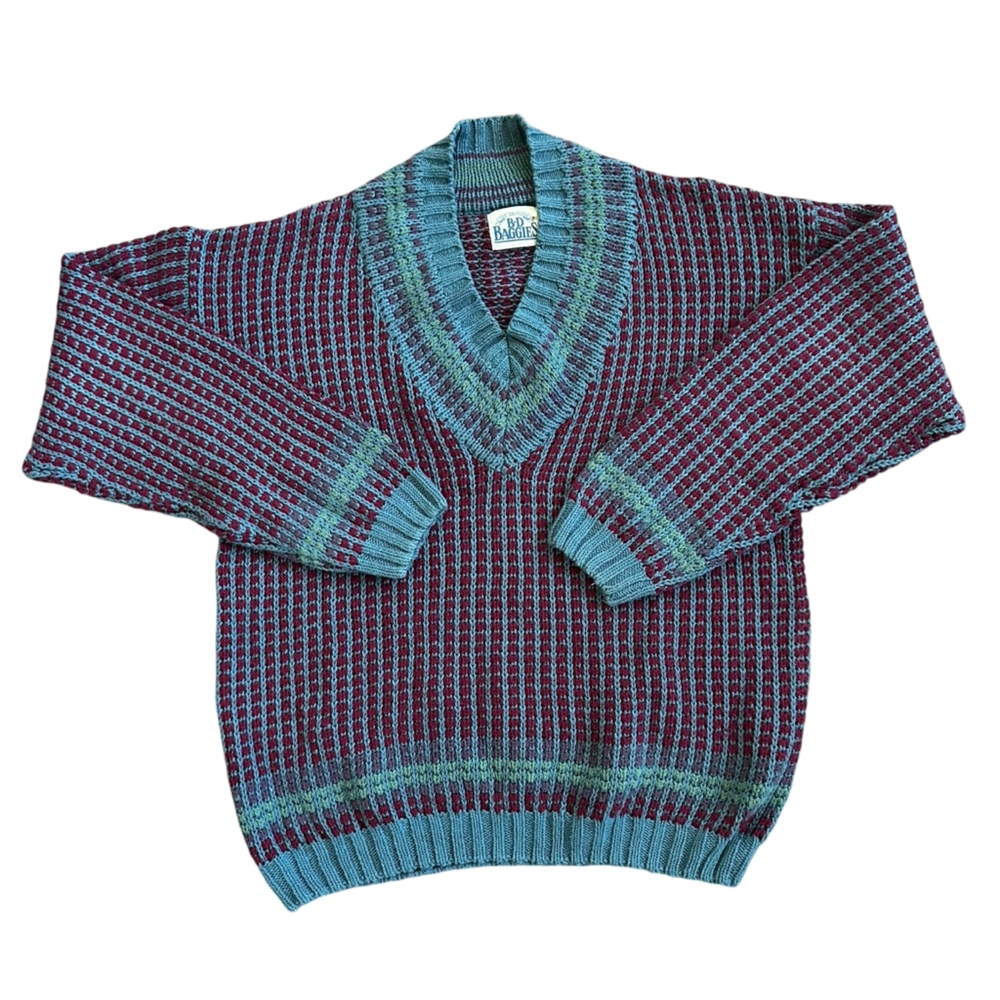 Vintage 90s Red Blue & Green Chunky Knit Linen Blend V Neck Sweater Size Medium